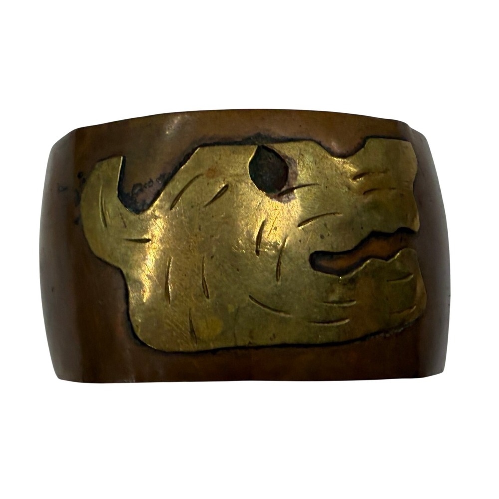 Vintage Mexico Mixed Metal Copper Brass Jaguar Animal Motif Wide Cuff Bracelet
